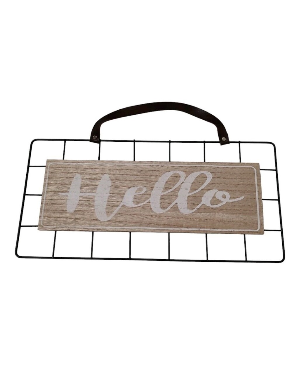 Hello Wood Sign Black Metal Grid Frame Wall Decor Farmhouse Cottagecore Hanging
